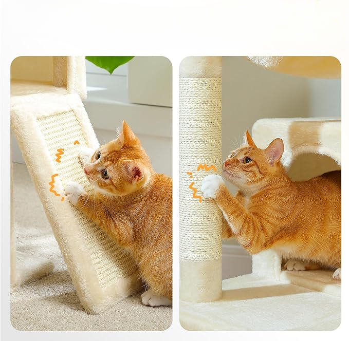 Arbre à chat beige multi-niveaux robuste 105 cm – poteaux à griffer et jouets inclus