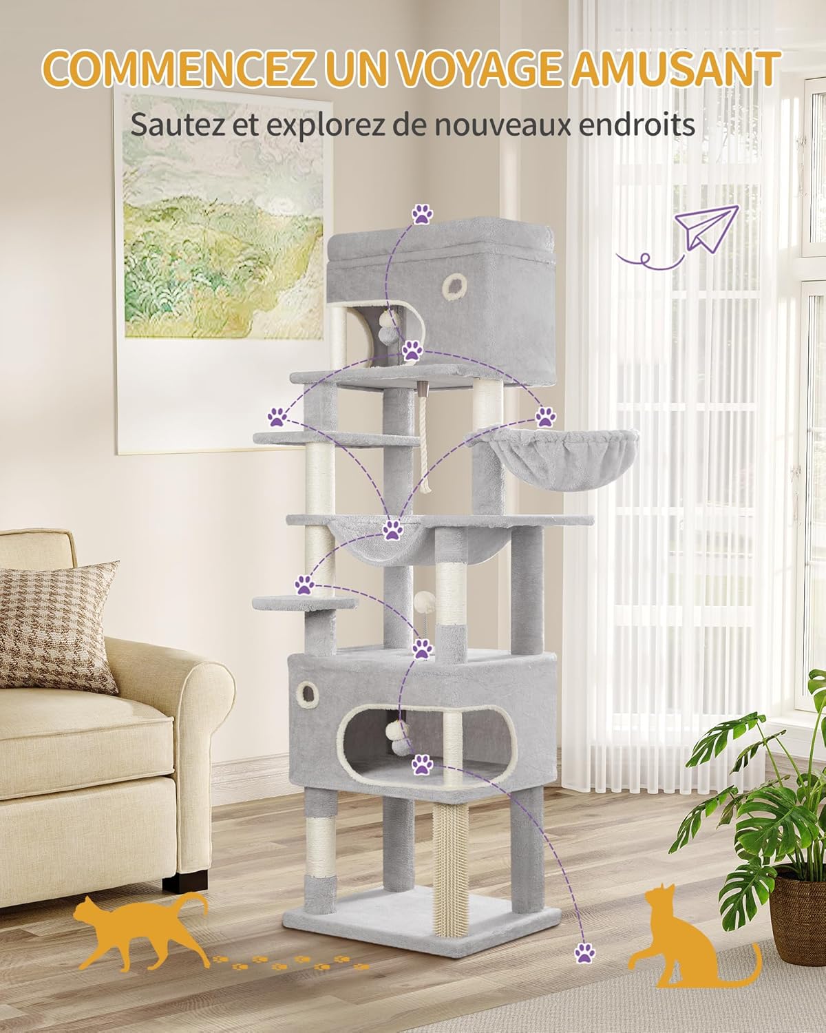 Arbre à Chat gris XXL 178 cm pour tout type de chat  avec 2 niches, 7 Griffoirs et Pompons