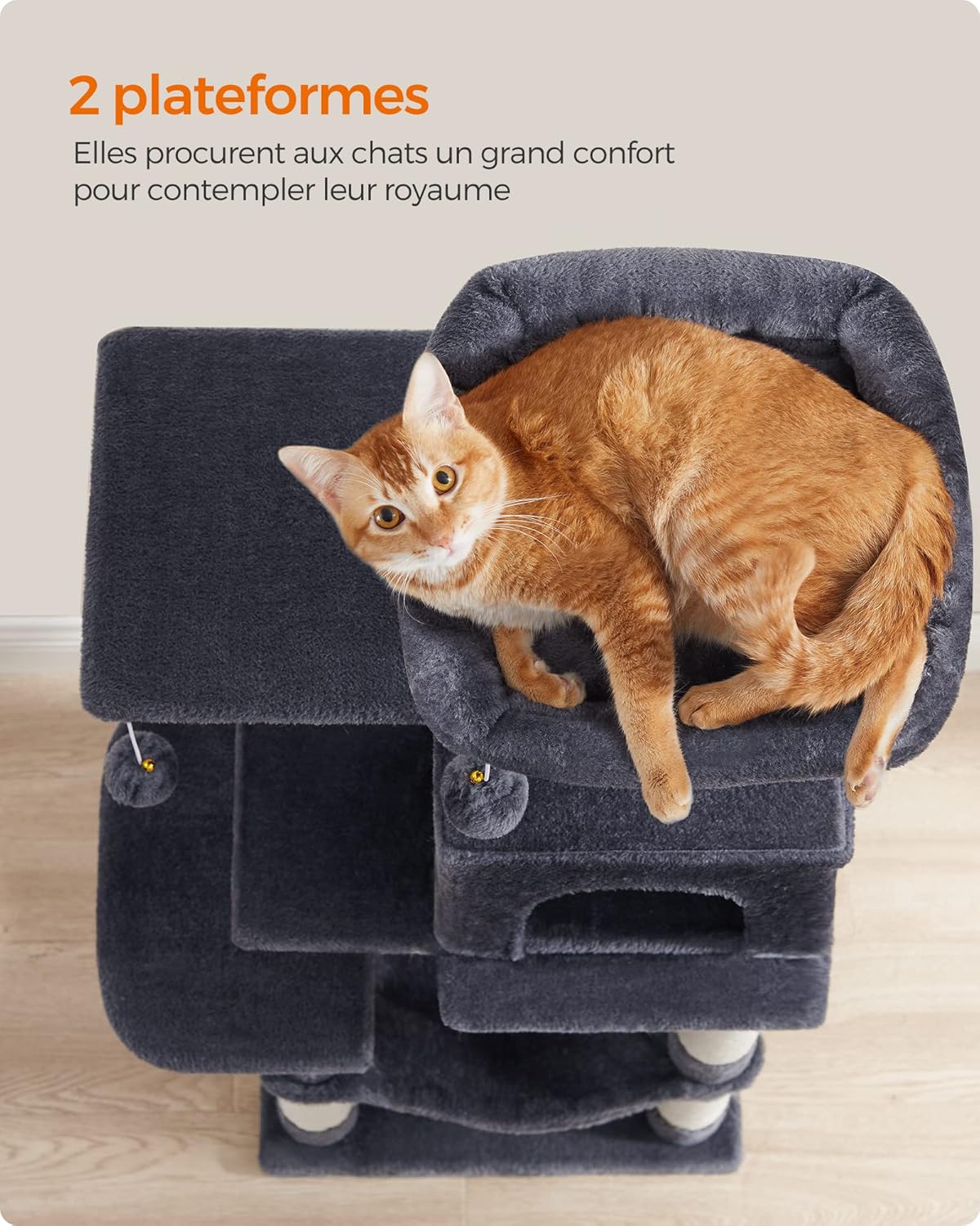 Arbre à chat noir 112 cm – Arbre à chat multi-niveaux avec 4 griffoirs, 2 perchoirs et niche douillette pour chats d’intérieur