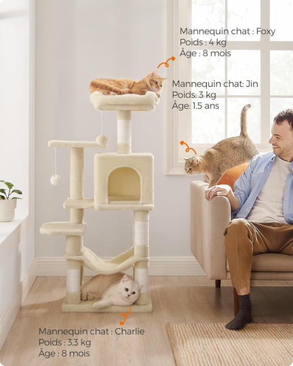 Arbre à chat beige 112 cm – Arbre à chat multi-niveaux avec 4 griffoirs, 2 perchoirs et niche douillette pour chats d’intérieur