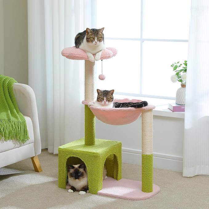 Arbre à chat moderne en forme de fleur avec poteaux à griffer et hamac intégré