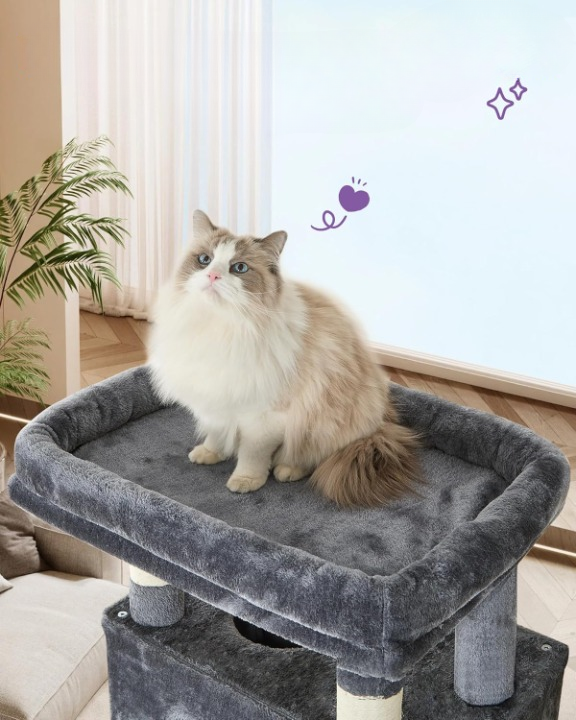 Arbre à chat noir XXL 210 cm – Arbre à chat multi-niveaux  avec maisonnette, 8 poteaux à griffer et 4 pompons