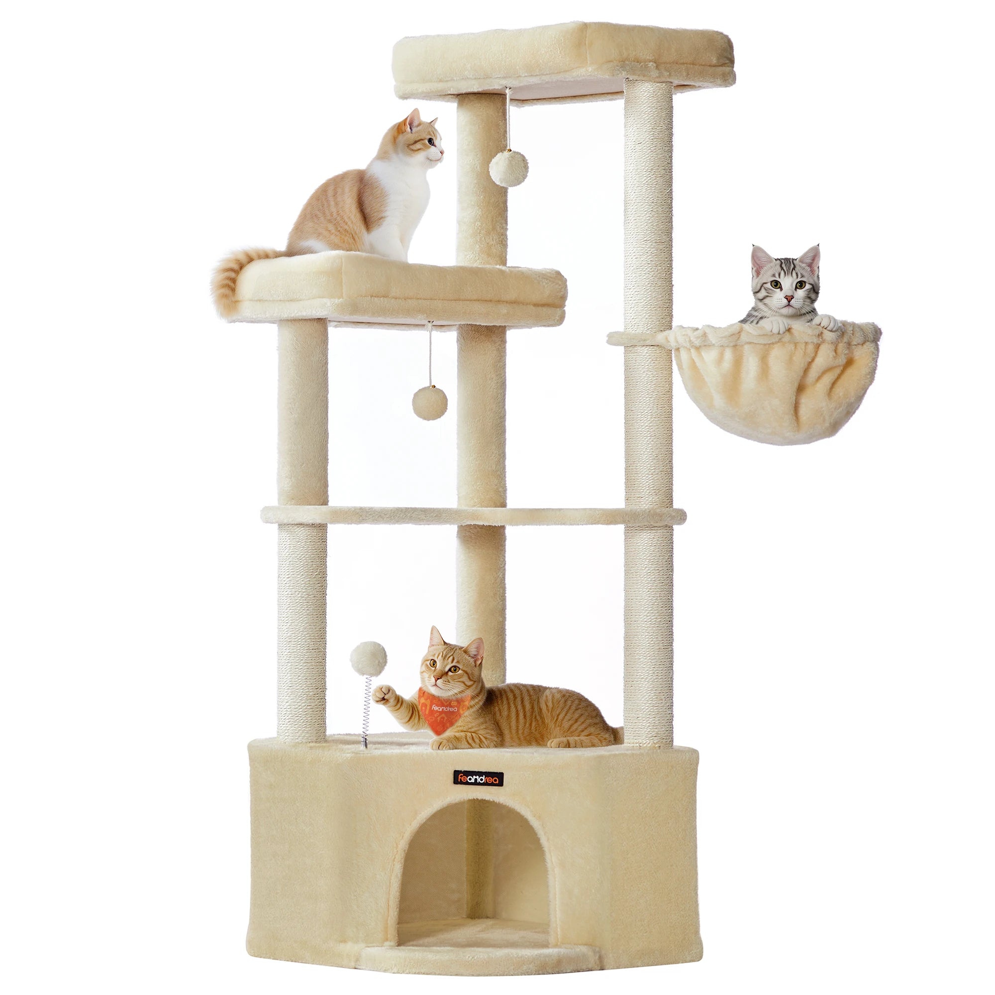 Arbre à chat beige 140 cm avec niche, grands plateaux, hamac et jouets suspendus – Confort et jeu pour chats d’intérieur