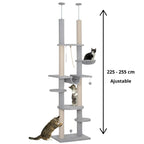 Arbre à Chat gris Sol-Plafond avec Hamac, Jouets et Griffoirs – Hauteur Ajustable 225-255 cm