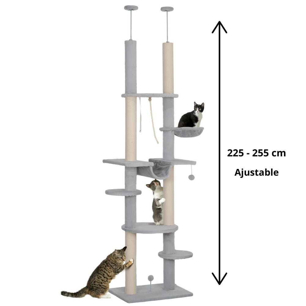 Arbre à Chat gris Sol-Plafond avec Hamac, Jouets et Griffoirs – Hauteur Ajustable 225-255 cm