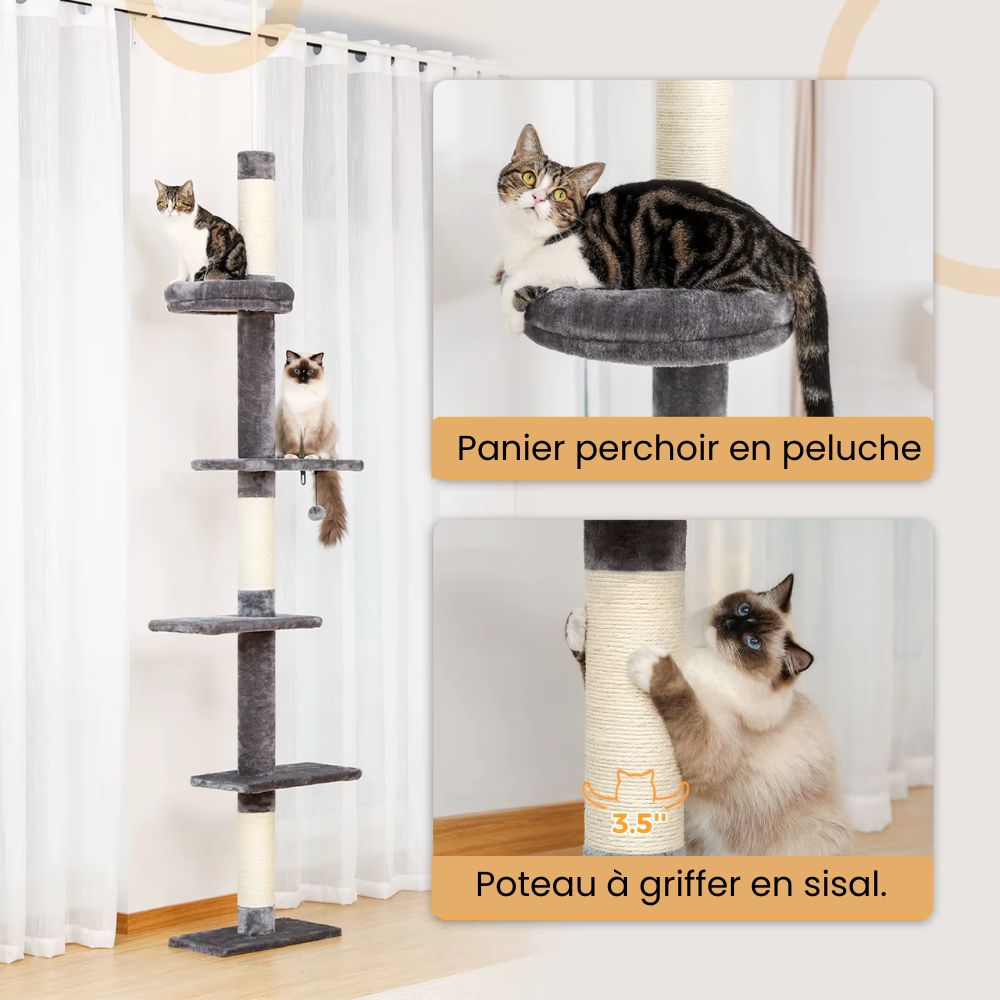 Arbre à chat gris et blanc ajustable de 243 à 273 cm – Arbre à chat du sol au plafond avec poteaux à griffer et jouets