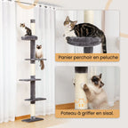 Arbre à chat gris et blanc ajustable de 243 à 273 cm – Arbre à chat du sol au plafond avec poteaux à griffer et jouets