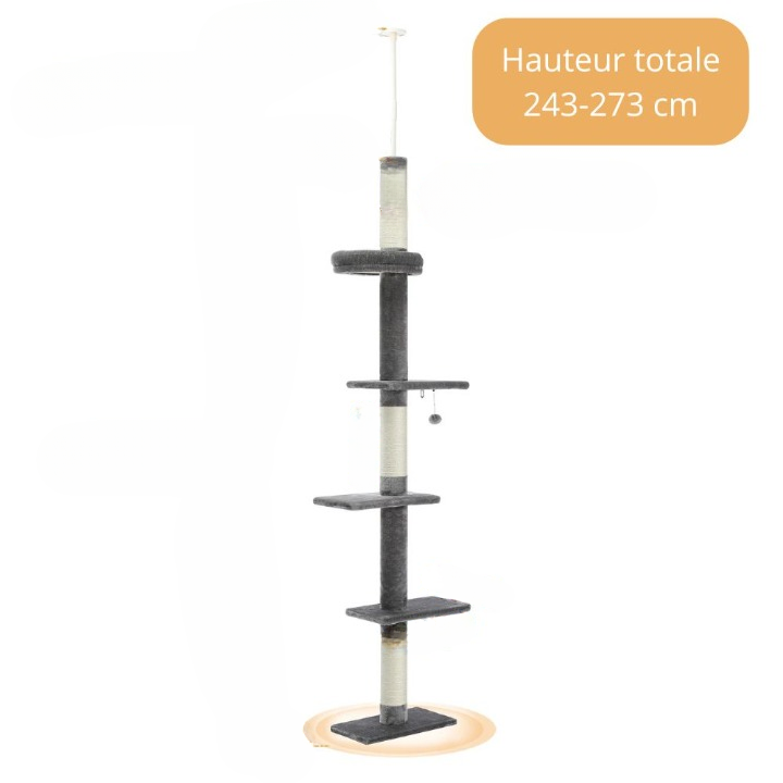 Arbre à chat gris et blanc ajustable de 243 à 273 cm – Arbre à chat du sol au plafond avec poteaux à griffer et jouets