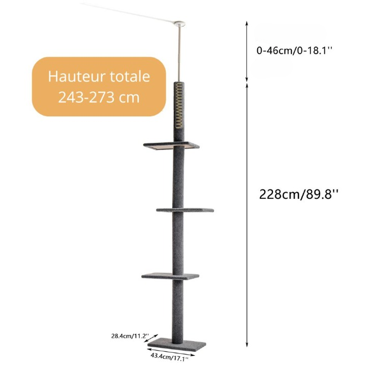 Arbre à chat noir ajustable de 243 à 273 cm – Arbre à chat du sol au plafond avec poteaux à griffer et jouets