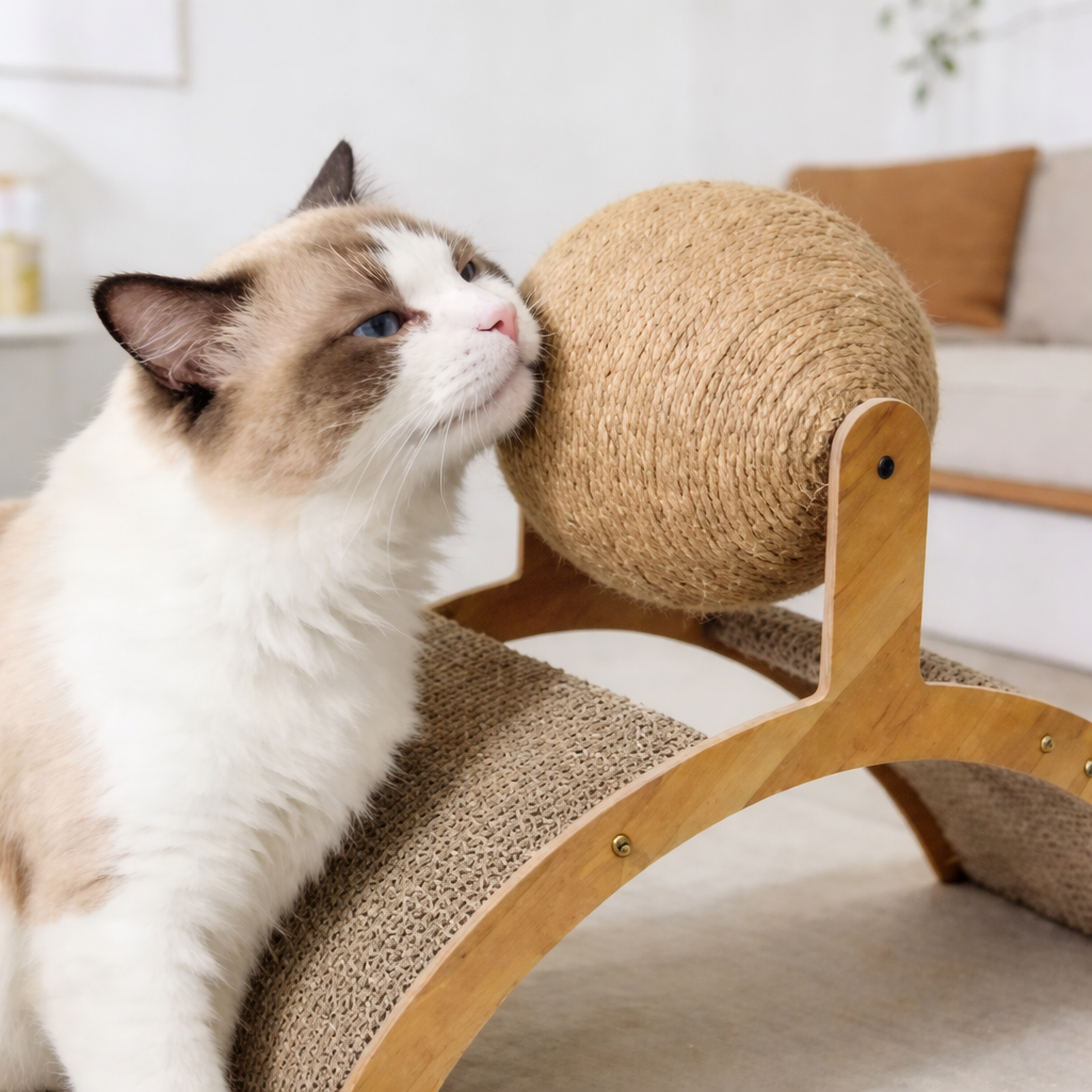Griffoir Interactif 2-en-1 pour Chat – Boule Sisal & Plateau de Repos Ergonomique en Bois