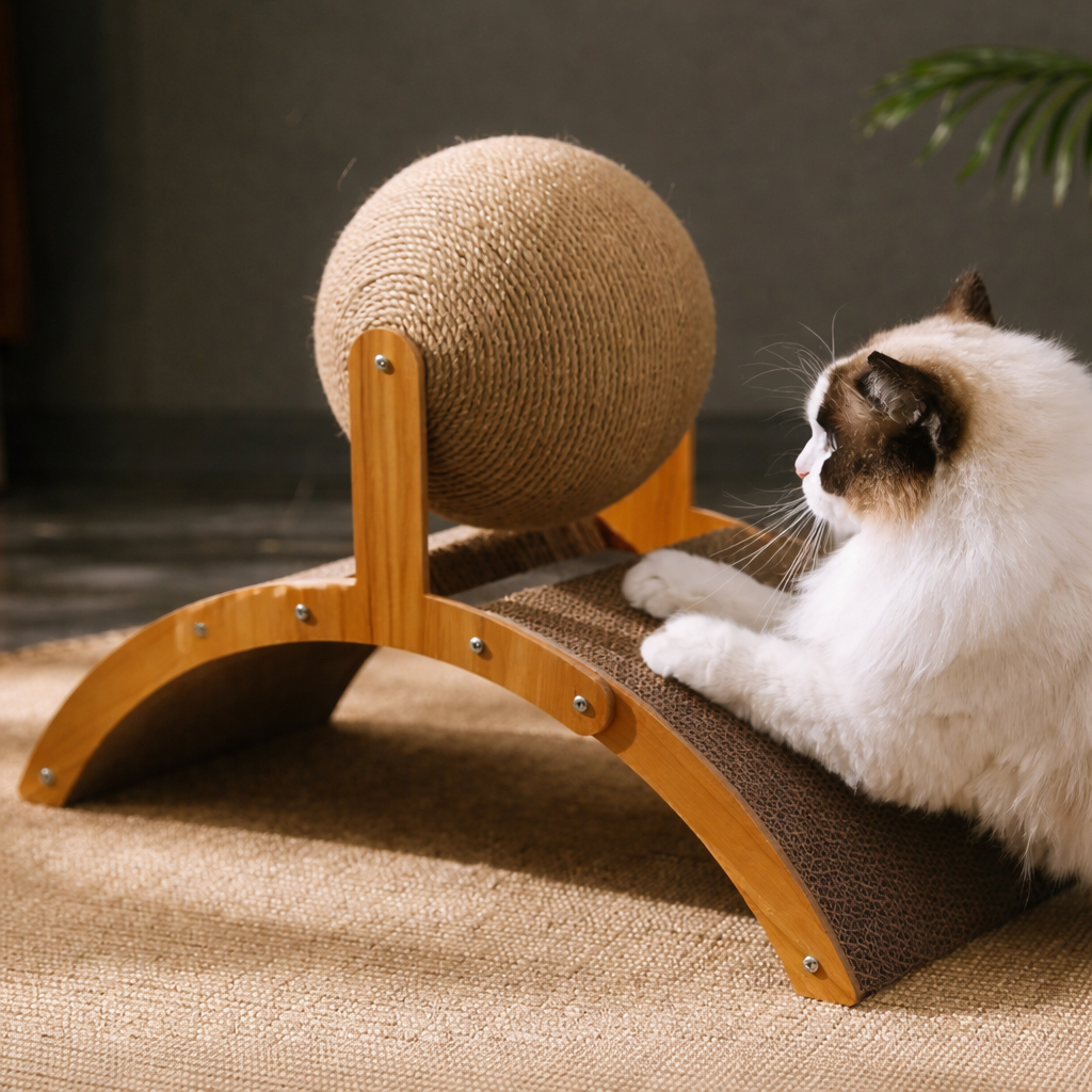 Griffoir Interactif 2-en-1 pour Chat – Boule Sisal & Plateau de Repos Ergonomique en Bois