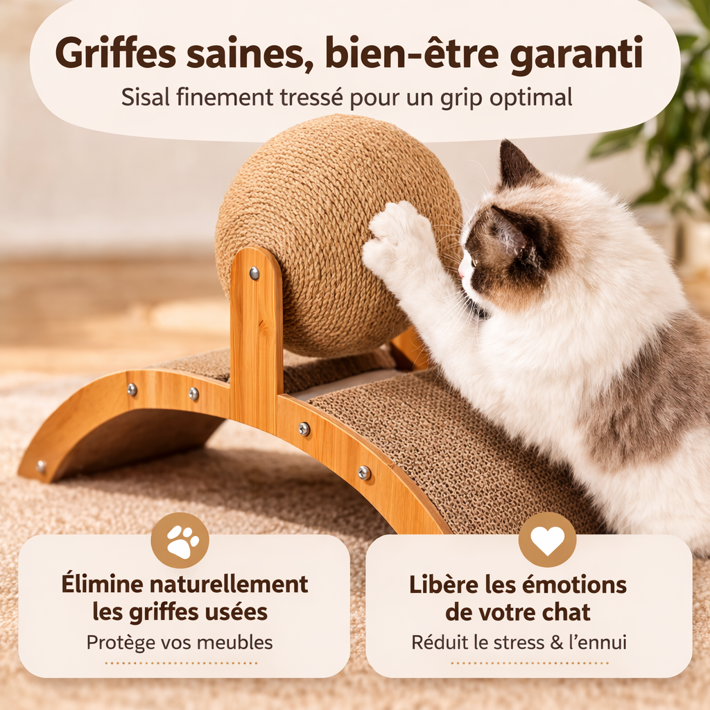 Griffoir Interactif 2-en-1 pour Chat – Boule Sisal & Plateau de Repos Ergonomique en Bois
