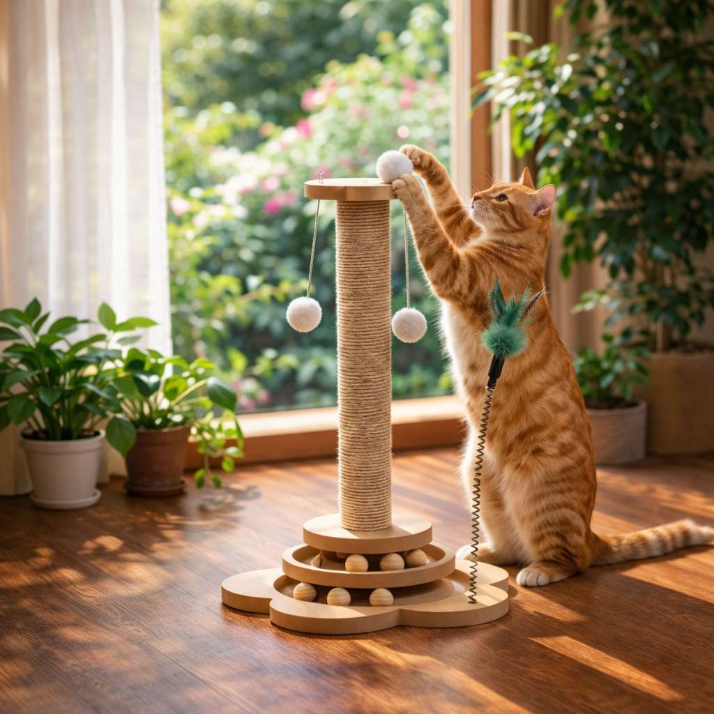 Griffoir Chat Interactif 4 en 1 Bois - Poteau Sisal, Piste Balles, Plumes et Pompons