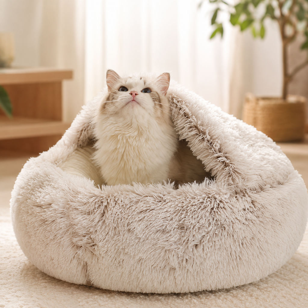 Nid Douillet Peluche pour Chat – Lit Grotte Couvrant, Chaleur & Confort Optimal