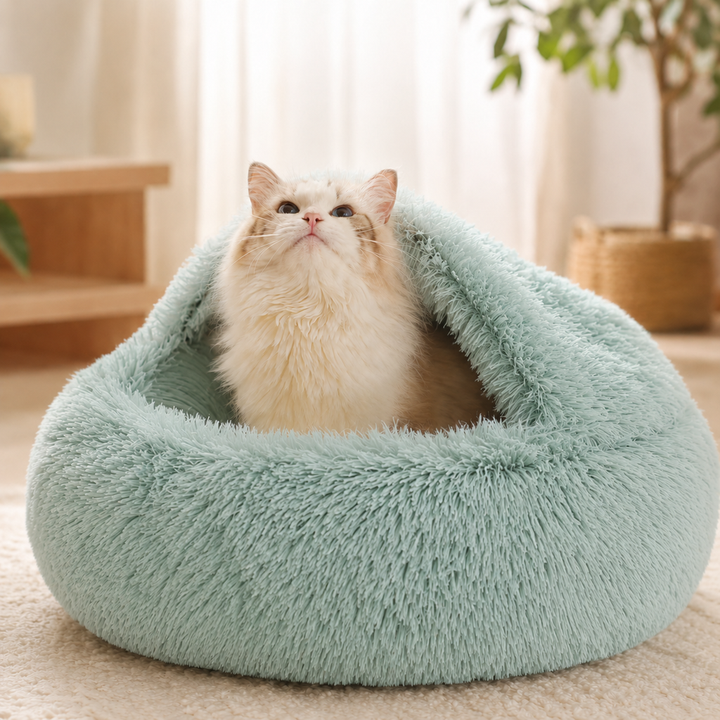 Nid Douillet Peluche pour Chat – Lit Grotte Couvrant, Chaleur & Confort Optimal
