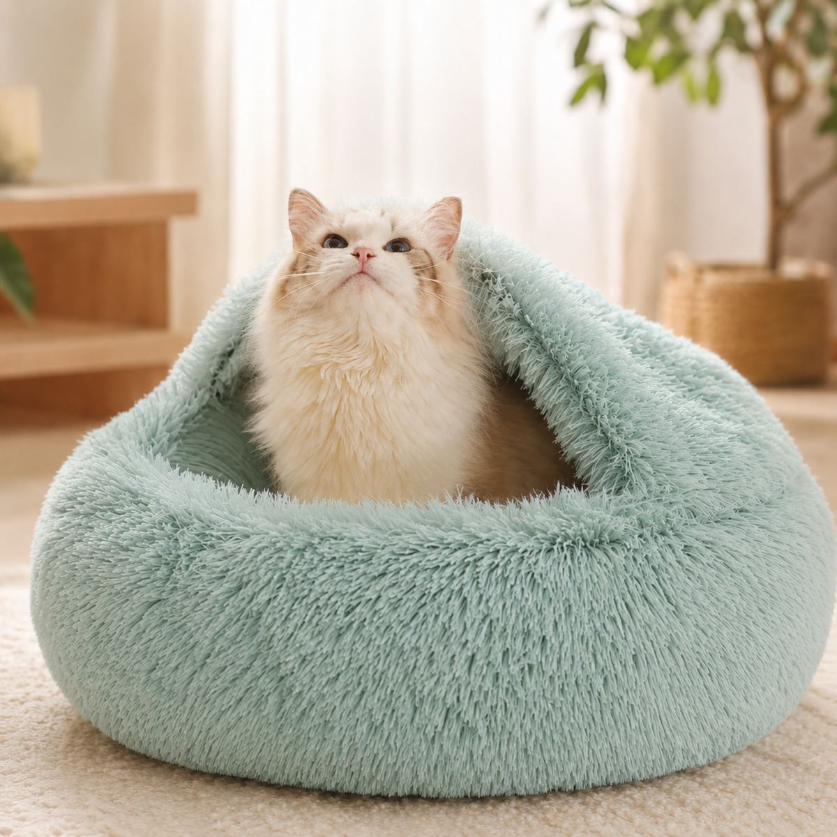 Nid Douillet Peluche pour Chat – Lit Grotte Couvrant, Chaleur & Confort Optimal