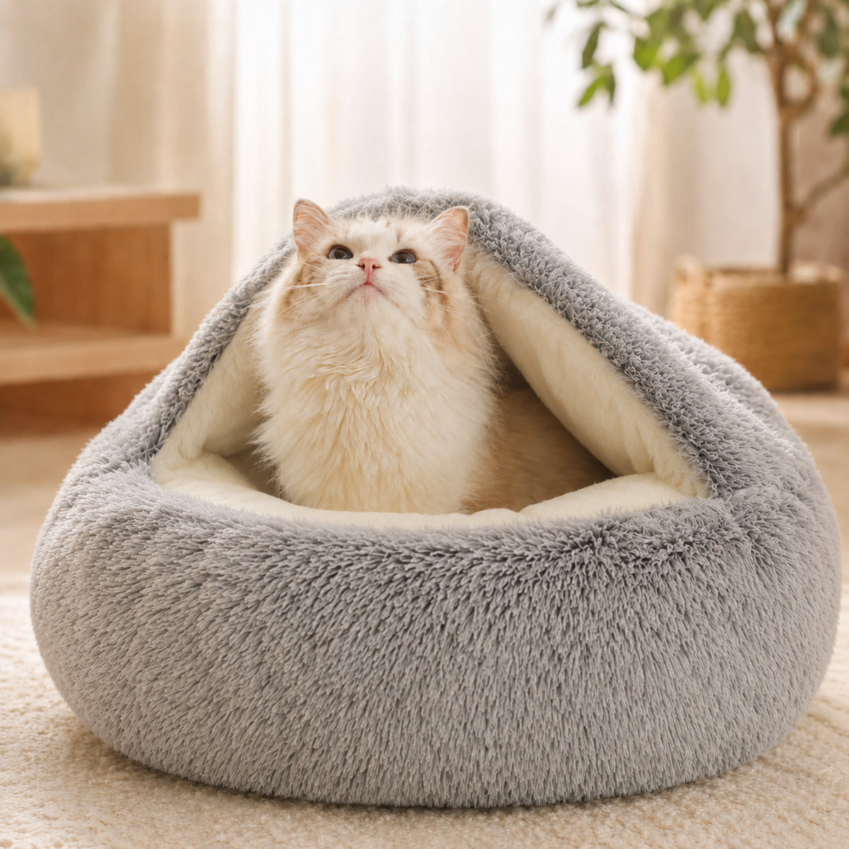 Nid Douillet Peluche pour Chat – Lit Grotte Couvrant, Chaleur & Confort Optimal