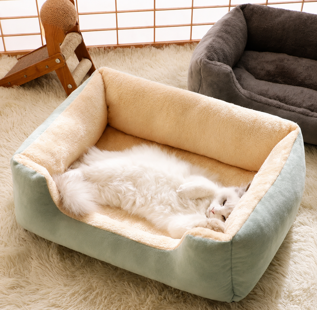 Panier rectangulaire en peluche pour chat avec rebords surélevés