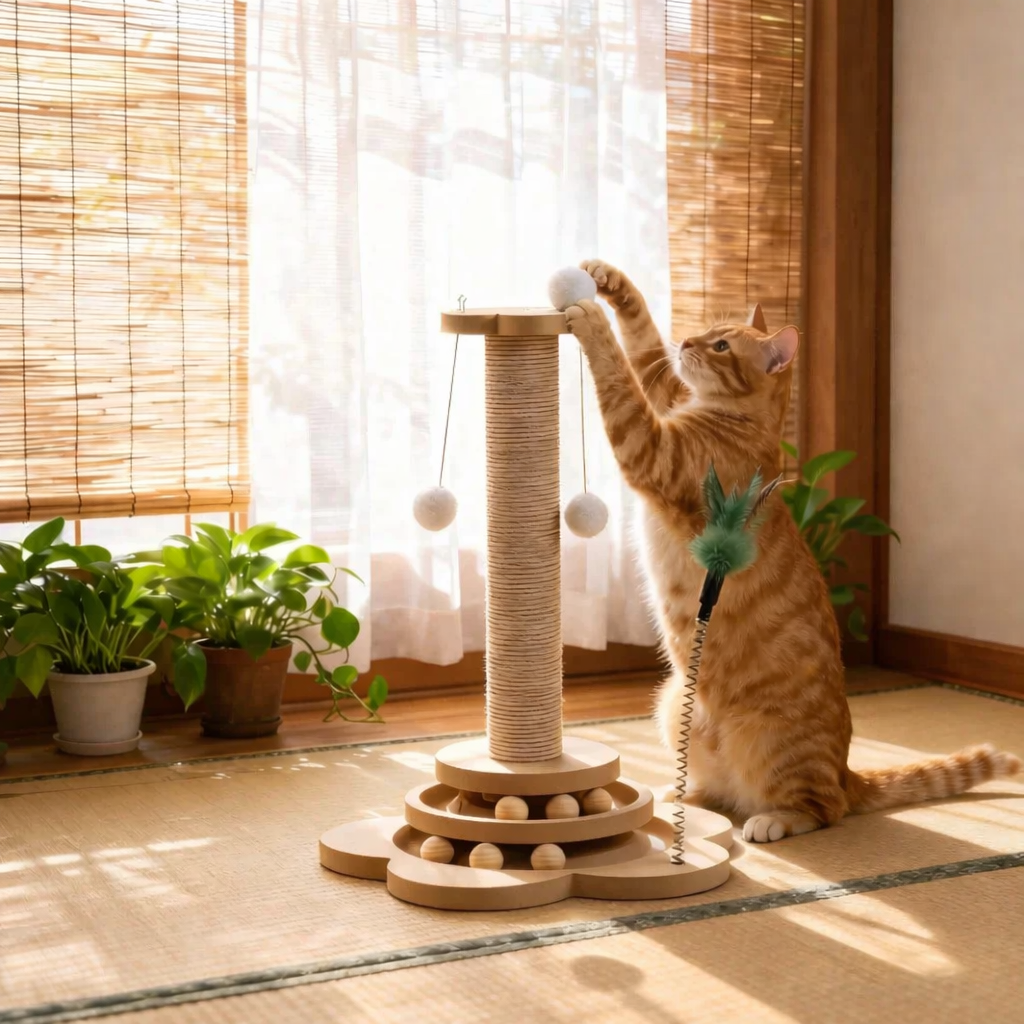 Griffoir Chat Interactif 4 en 1 Bois - Poteau Sisal, Piste Balles, Plumes et Pompons