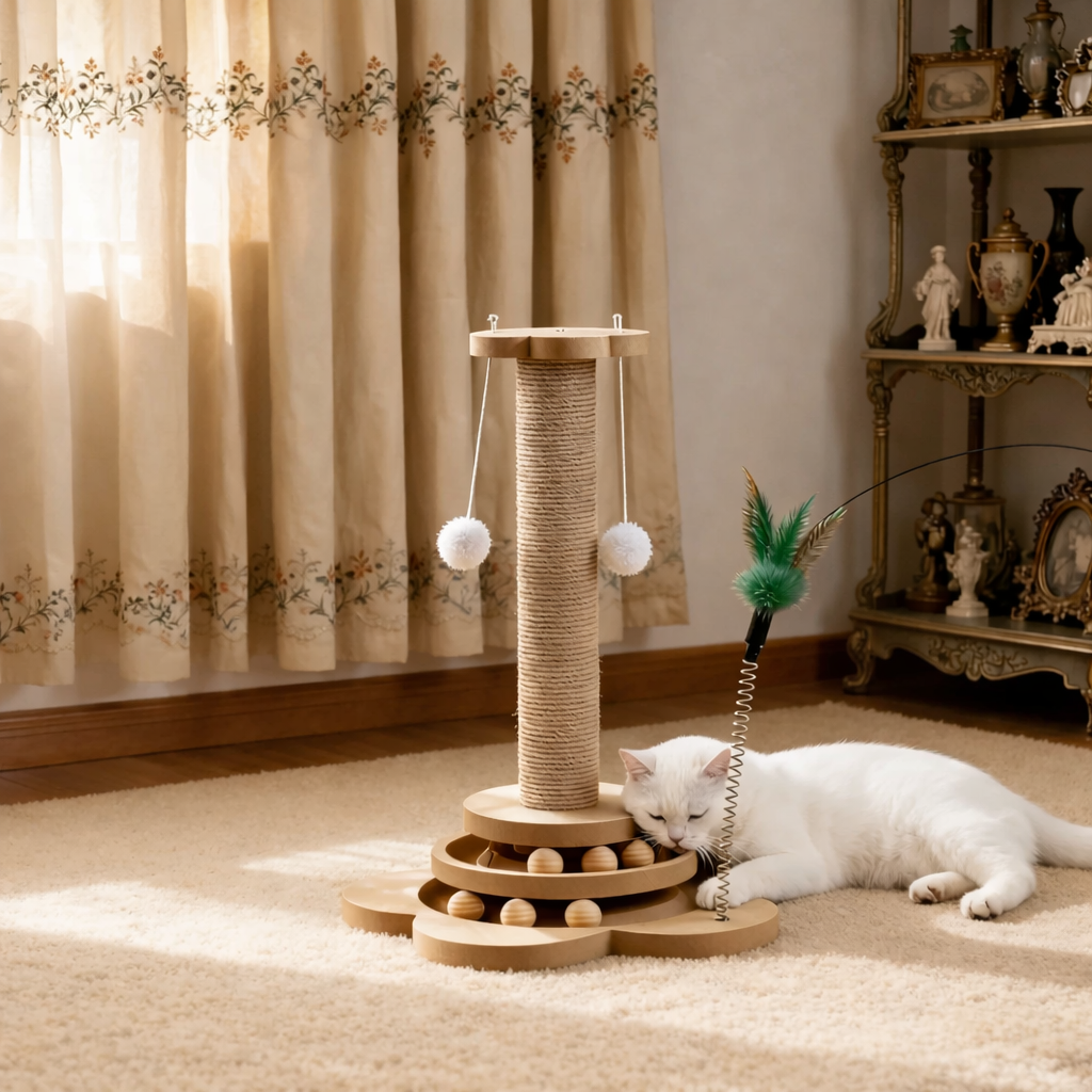 Griffoir Chat Interactif 4 en 1 Bois - Poteau Sisal, Piste Balles, Plumes et Pompons