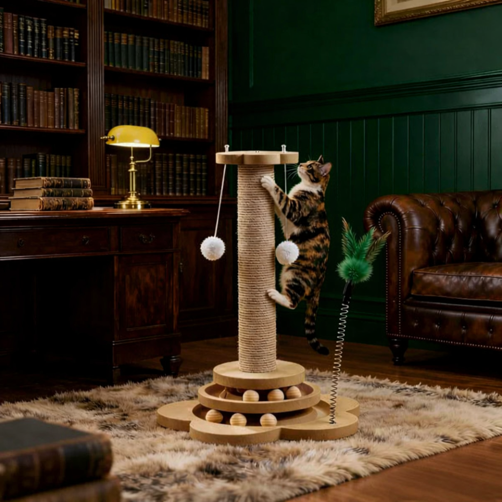 Griffoir Chat Interactif 4 en 1 Bois - Poteau Sisal, Piste Balles, Plumes et Pompons