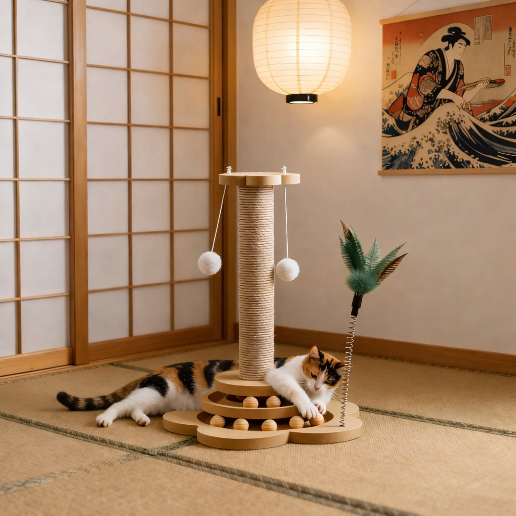 Griffoir Chat Interactif 4 en 1 Bois - Poteau Sisal, Piste Balles, Plumes et Pompons