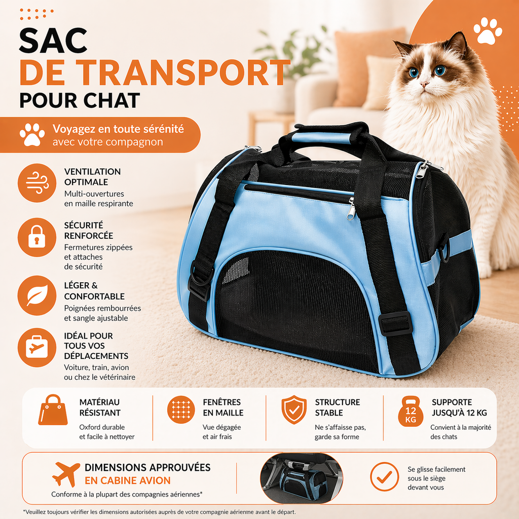 Sac de transport avion pour chat - Approuvé cabine IATA