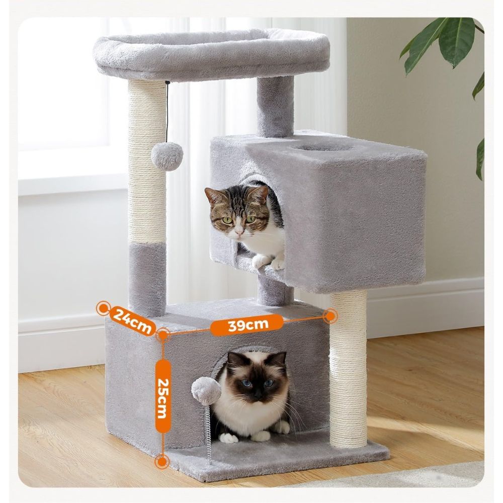 Arbre à Chat gris 82 cm avec Perchoir Amovible, Jouet à Ressort et 2 Niches Spacieuses