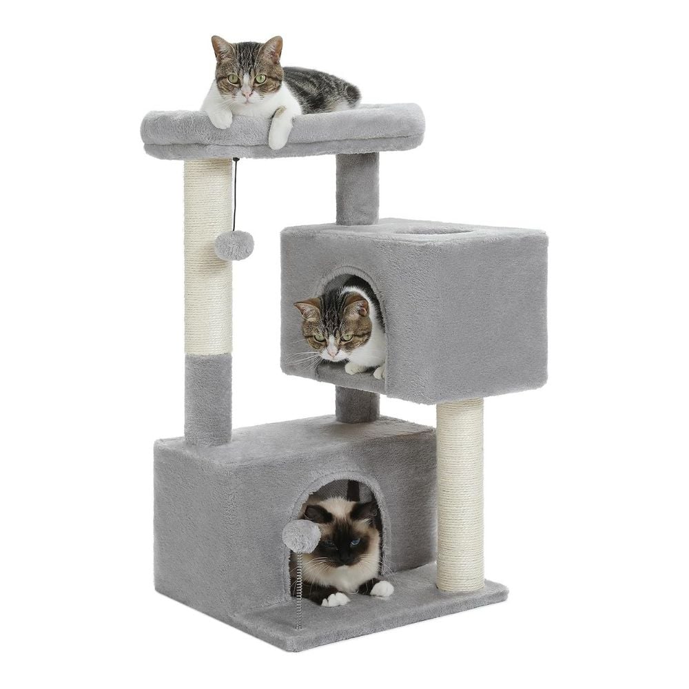 Arbre à Chat gris 82 cm avec Perchoir Amovible, Jouet à Ressort et 2 Niches Spacieuses