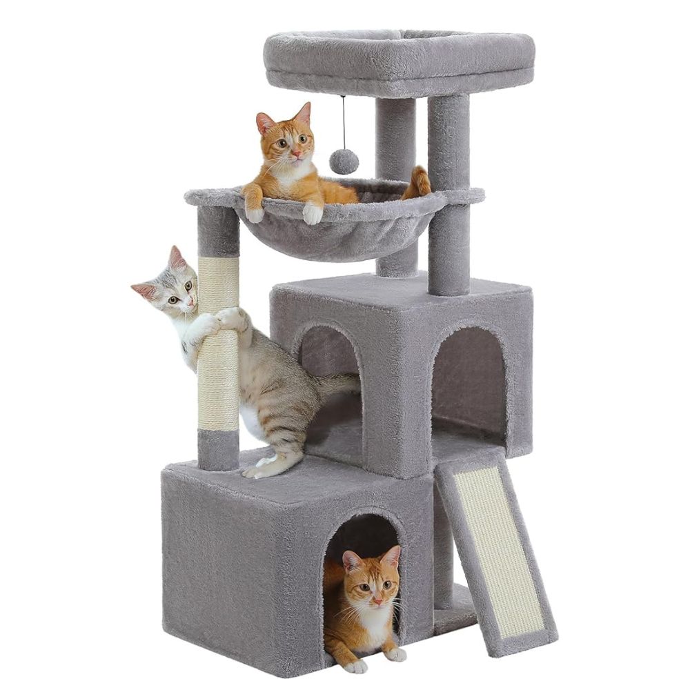 Arbre à chat gris 105 cm avec griffoirs et jouets