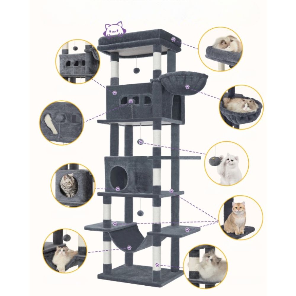 Arbre à chat XXL noir 210 cm avec maisonnette et griffoirs