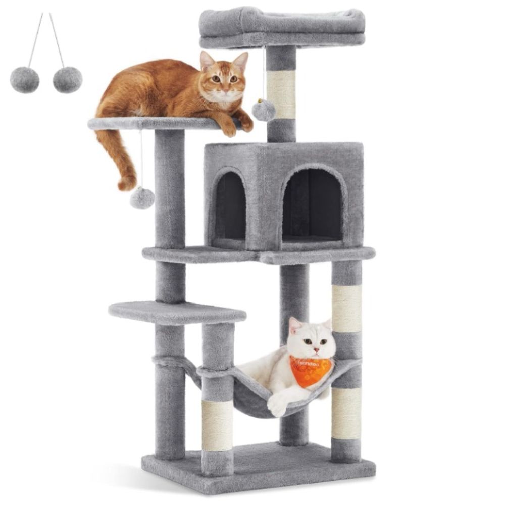 Arbre à chat gris 112 cm avec griffoirs, perchoirs et niche