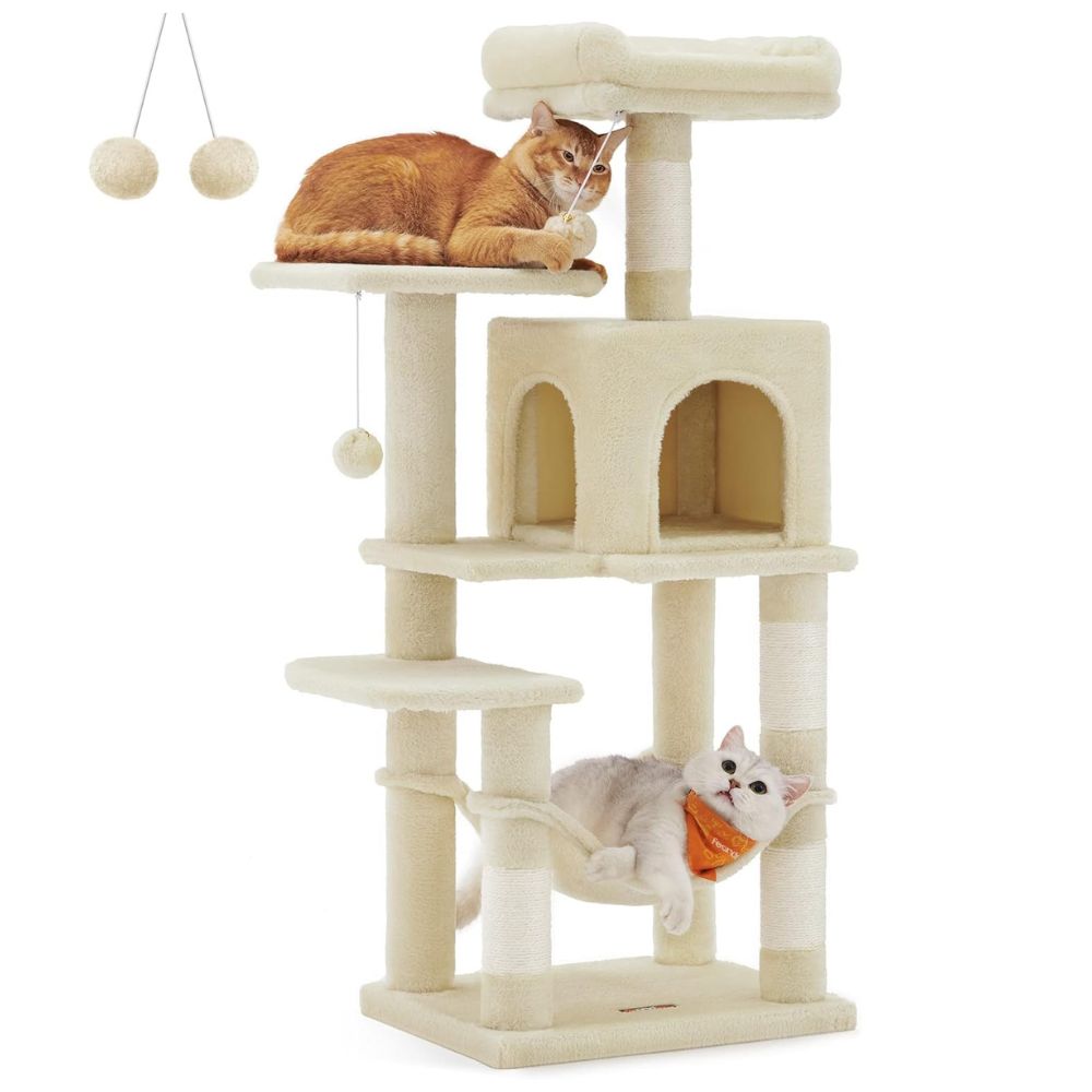 Arbre à chat beige 112 cm avec griffoirs, perchoirs et niche