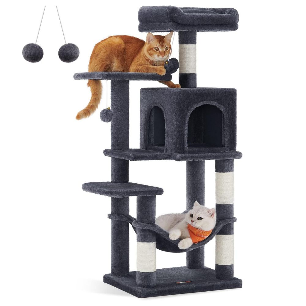 Arbre à chat noir 112 cm avec griffoirs, perchoirs et niche