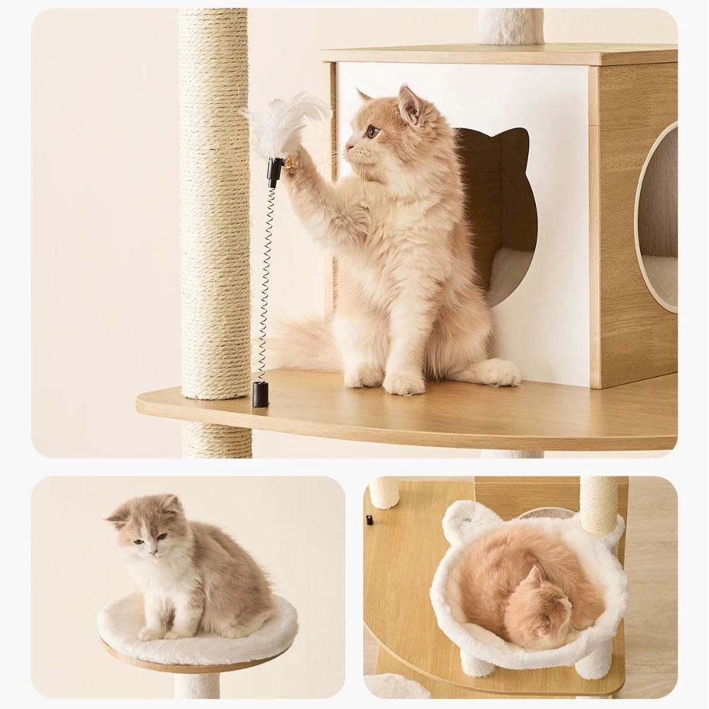 Arbre à Chat Design 175 cm – Arbre à Chat Multi-Niveaux avec Maisonnette et Perchoirs Douillets