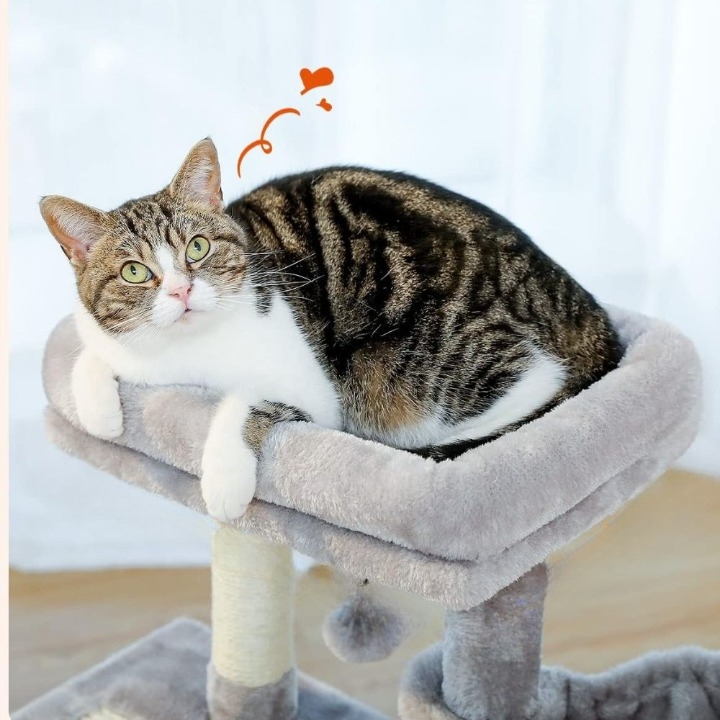 Arbre à Chat gris 73 cm avec Griffoir en Sisal, Hamac Confortable, Niche Spacieuse et Jouets