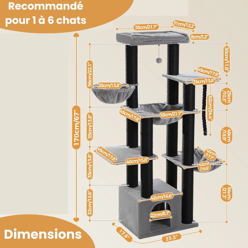 Arbre à chat XXL gris - 170 cm