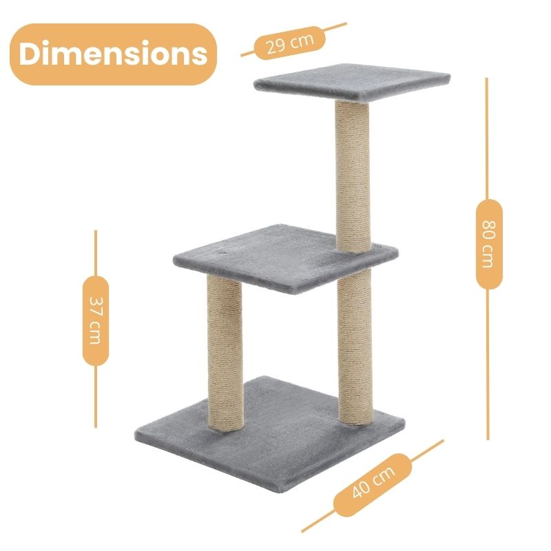 Arbre à chat gris multi niveaux 80 cm – 3 Griffoirs et Base Stable