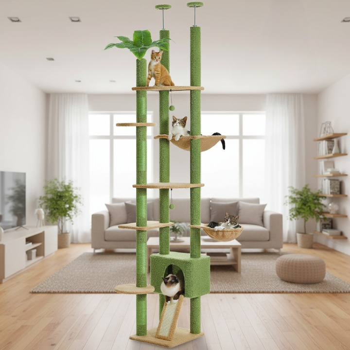 Arbre à chat cactus vert sol-plafond avec hamac, niche et griffoirs