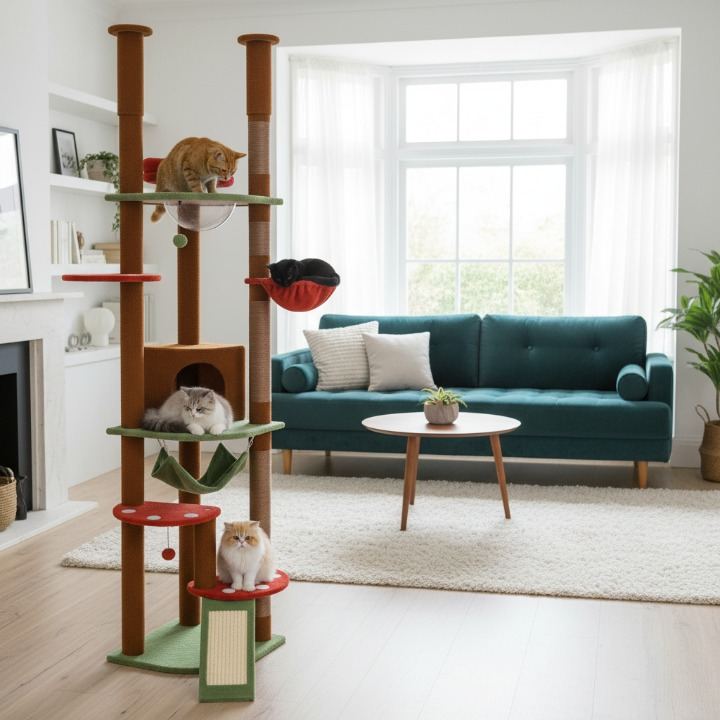 Arbre à chat marron du sol au plafond avec griffoirs, hamac et condo douillet