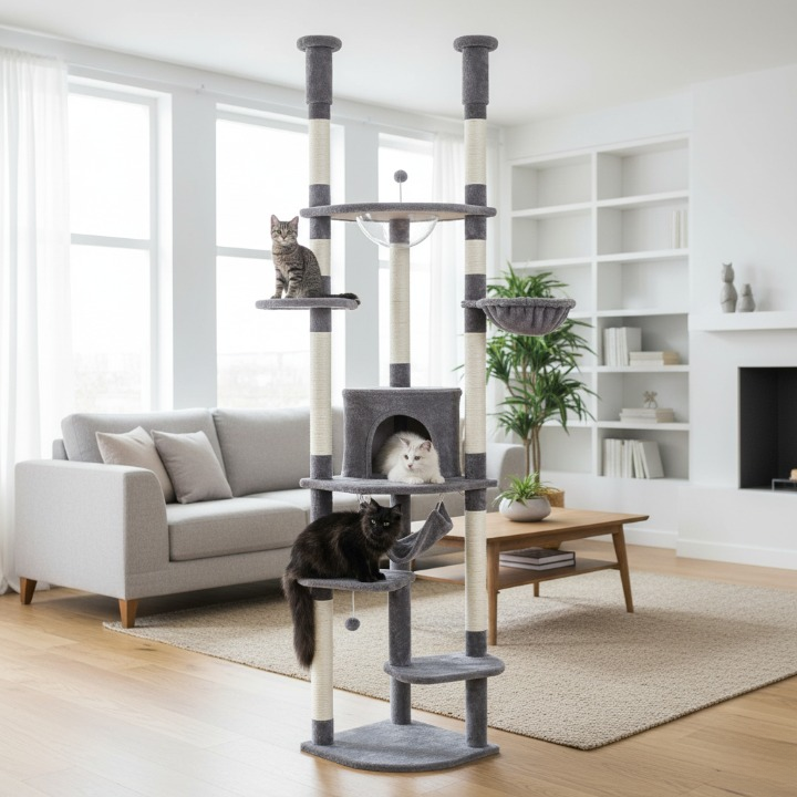 Arbre à chat gris du sol au plafond avec griffoirs, hamac et condo douillet