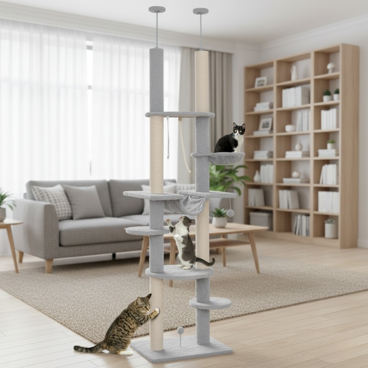 Arbre à chat gris et blanc sol-plafond réglable 225–255 cm