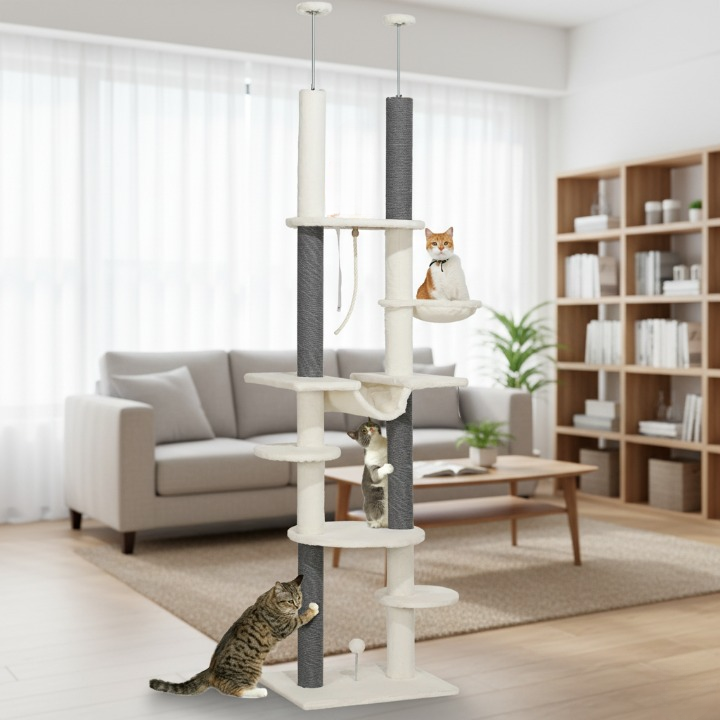 Arbre à Chat noir et blanc Sol-Plafond avec Hamac, Jouets et Griffoirs – Hauteur Ajustable 225-255 cm