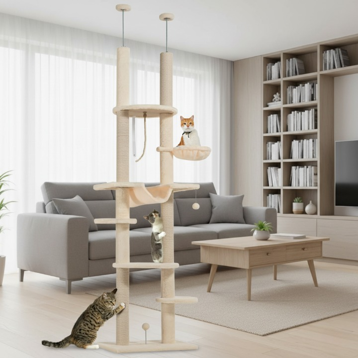 Arbre à Chat beige Sol-Plafond avec Hamac, Jouets et Griffoirs – Hauteur Ajustable 225-255 cm