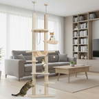 Arbre à Chat beige Sol-Plafond avec Hamac, Jouets et Griffoirs – Hauteur Ajustable 225-255 cm