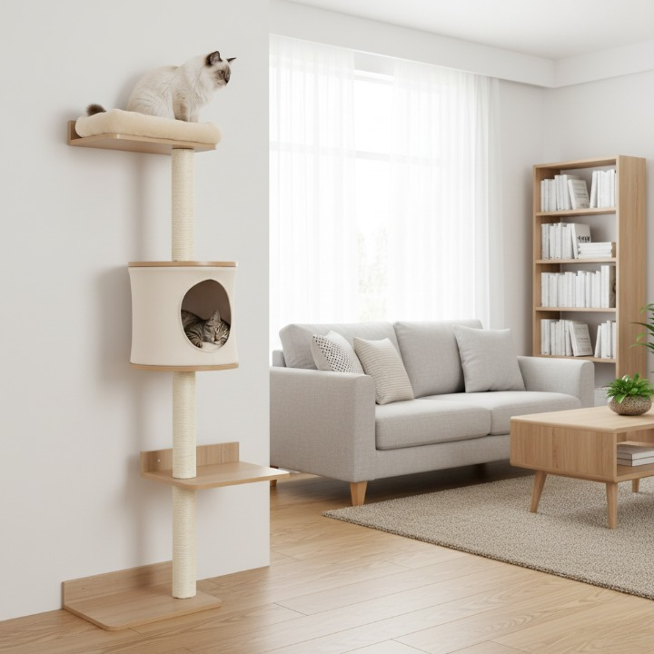 Arbre à chat mural avec niche, coussins amovibles et griffoir intégré