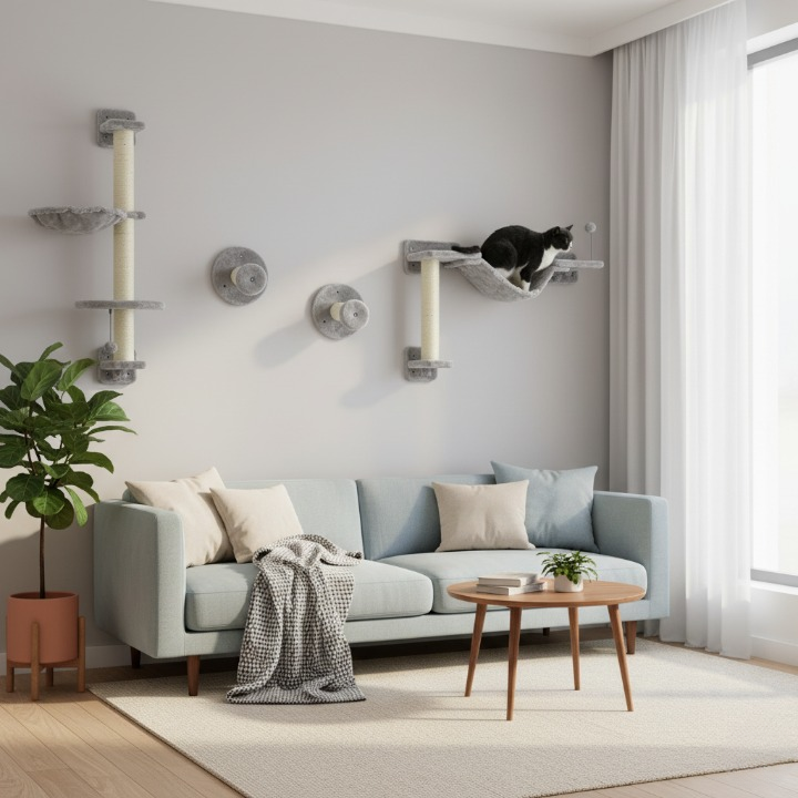 Arbre à chat mural avec hamac suspendu gris/beige