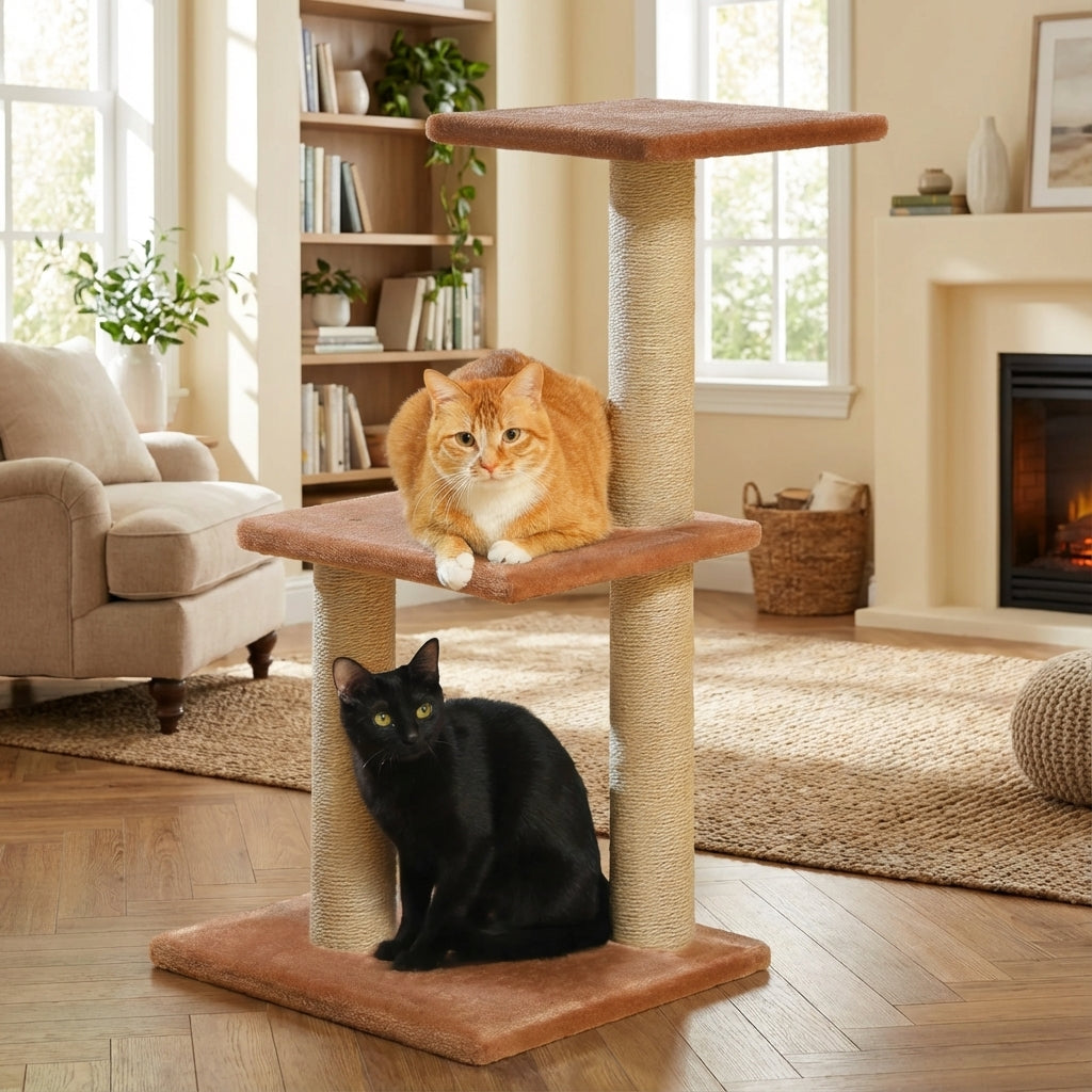 Arbre à chat marron multi niveaux 80 cm – 3 Griffoirs et Base Stable