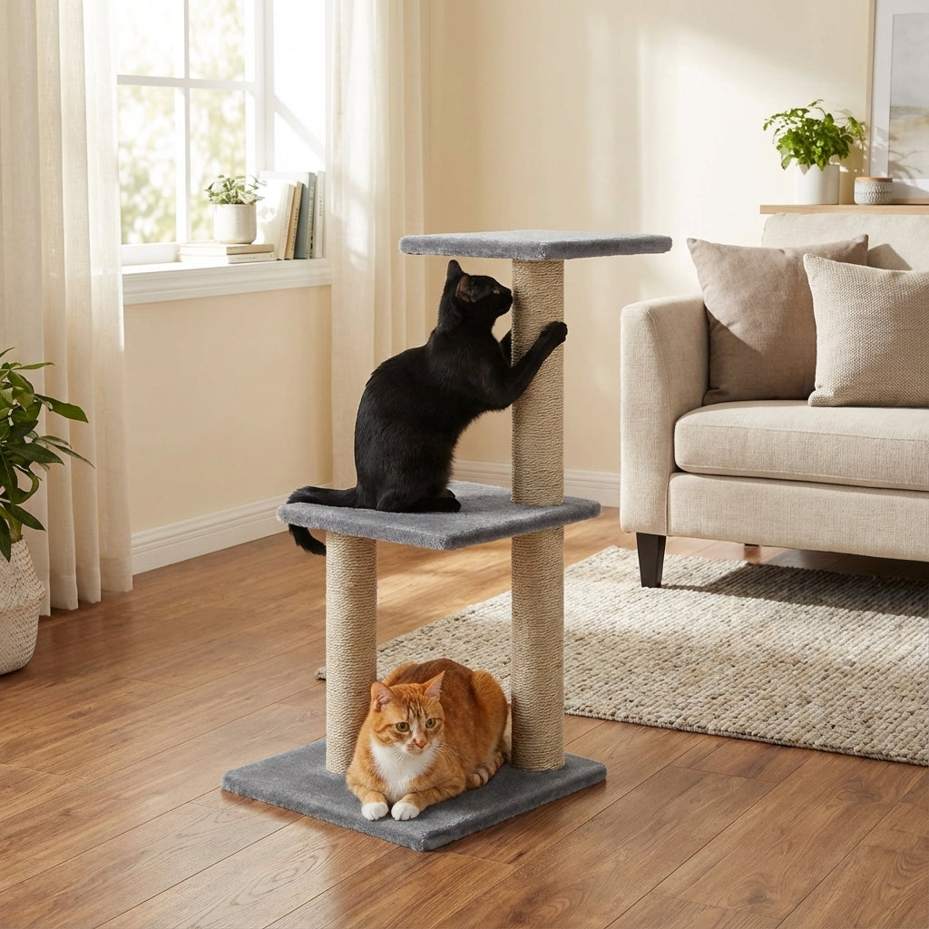 Arbre à chat gris multi niveaux 80 cm – 3 Griffoirs et Base Stable