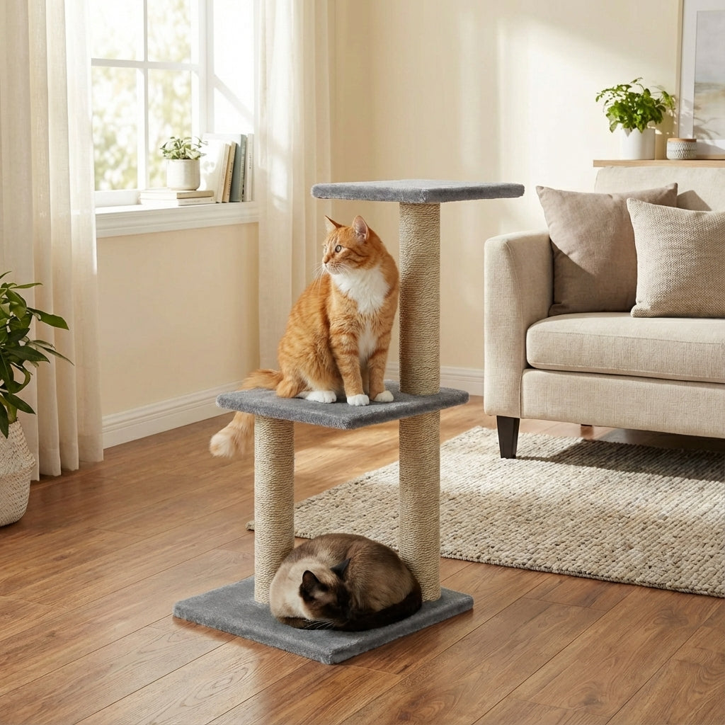 Arbre à chat gris multi niveaux 80 cm – 3 Griffoirs et Base Stable